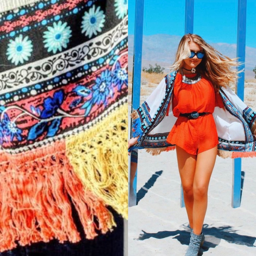 Boho Fringe Embroidered Kimono — Red/Multicolor
